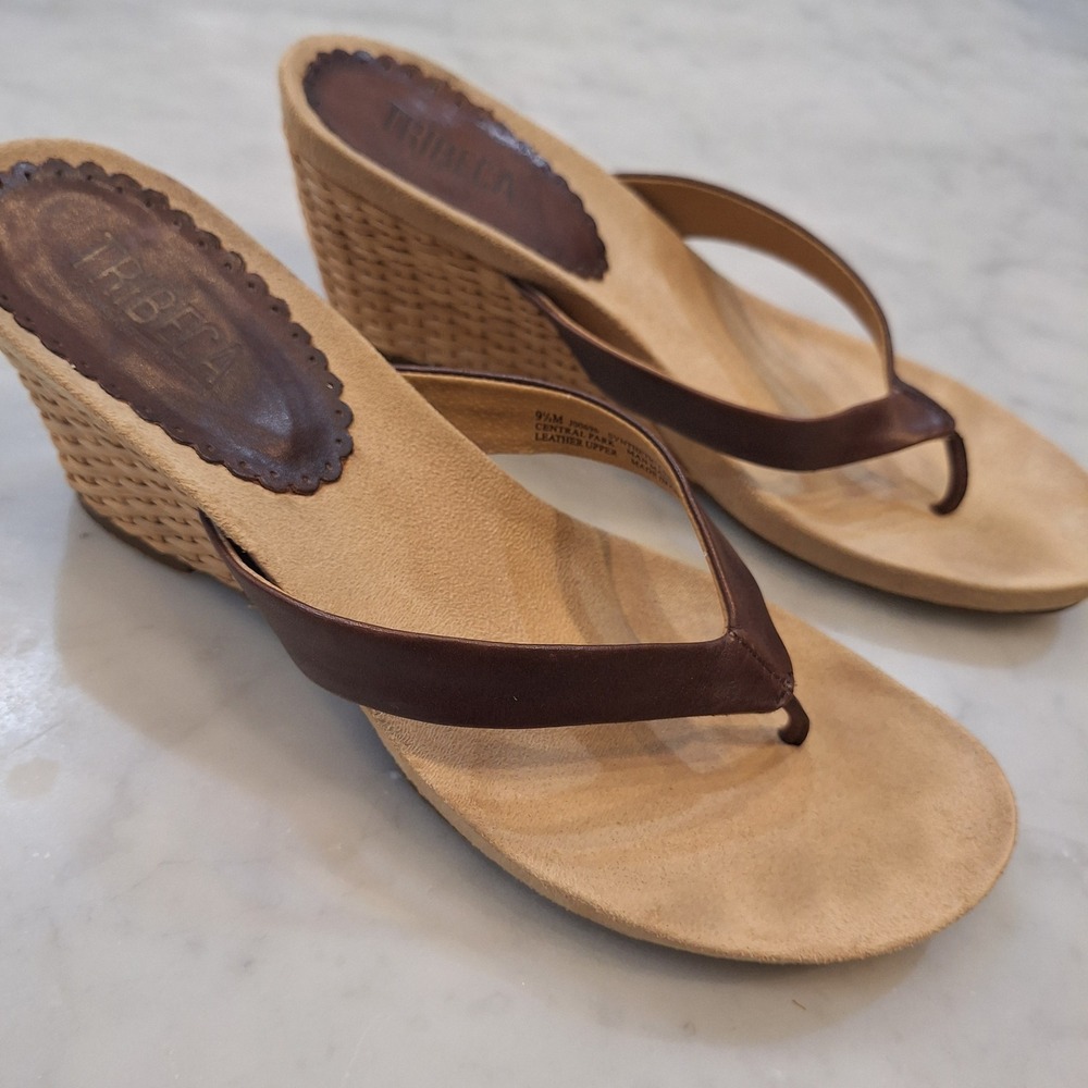 Tribeca Wedge Sandals Women 9.5 Brown Leather Woven Straw Central Park Slides
